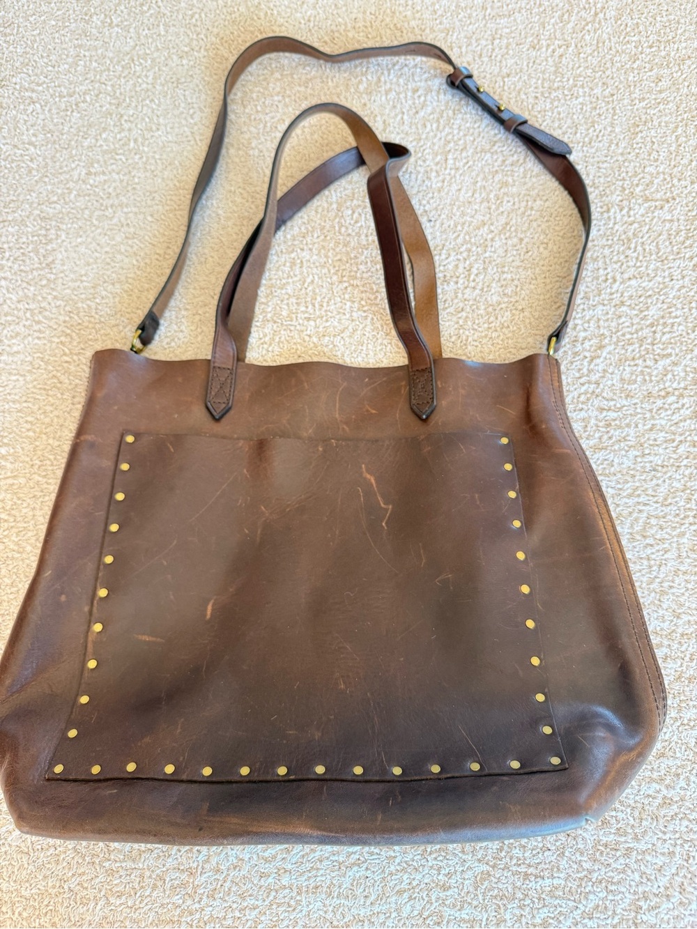 Madewell Brown Leather Tote with Studded Front Pocket